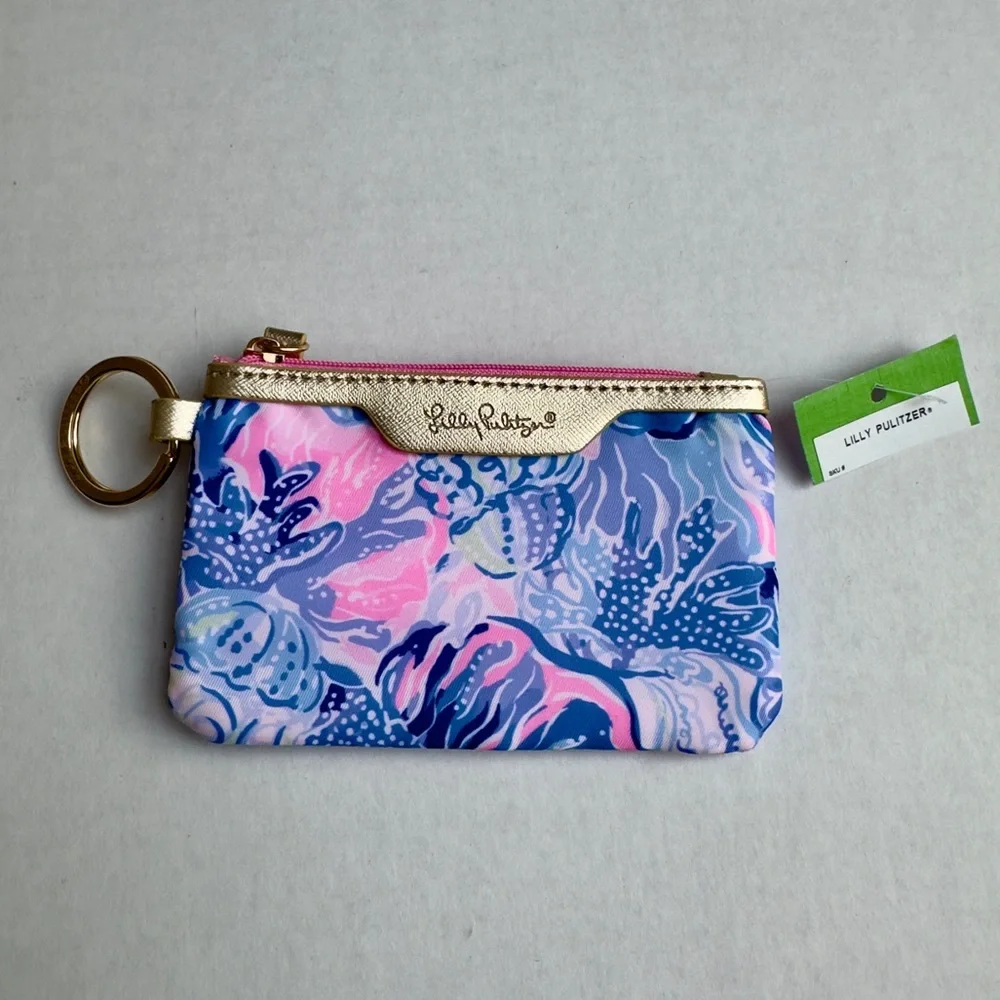 Lilly Pulitzer Wallet Pink & Blue ID Case Shade Seekers Keychain Card Holder NWT